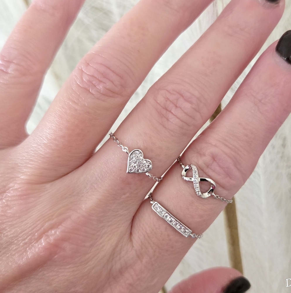 NEW Dainty Silver CZ Diamond Heart Ball Bead Slider Chain Ring